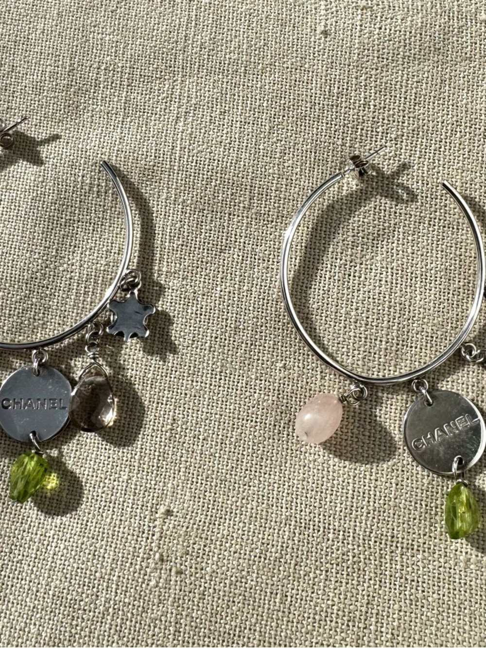 Sterling Silver 925 Hoop Earrings w Multi Gemstone Charms Pink Green Drop